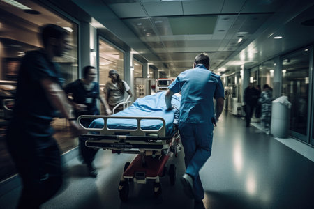 Hospital emergency team rush patient on gurney to the operating theater. Corridor in medical clinic with working doctors, motion blur effect. Created with Generative AIの素材