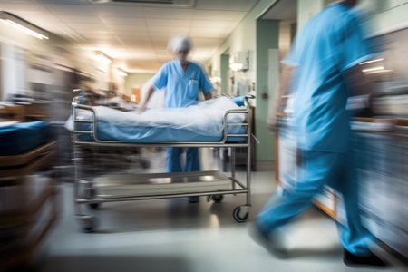 Hospital emergency team rush patient on gurney to the operating theater. Corridor in medical clinic with working doctors, motion blur effect. Created with Generative AIの素材