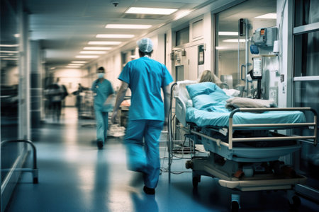 Hospital emergency team rush patient on gurney to the operating theater. Corridor in medical clinic with working doctors, motion blur effect. Created with Generative AIの素材