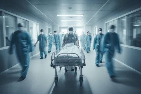Hospital emergency team rush patient on gurney to the operating theater. Corridor in medical clinic with working doctors, motion blur effect. Created with Generative AIの素材