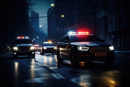 Police car with red and blue flashing lights on night street. Police patrol ensures law and order in city . Created with Generative AIの素材
