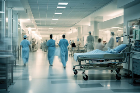 Hospital emergency team rush patient on gurney to the operating theater. Corridor in medical clinic with working doctors, motion blur effect. Created with Generative AIの素材
