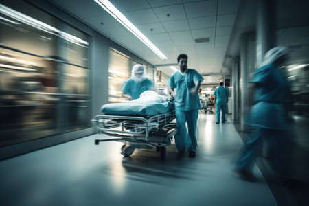 Hospital emergency team rush patient on gurney to the operating theater. Corridor in medical clinic with working doctors, motion blur effect. Created with Generative AIの素材