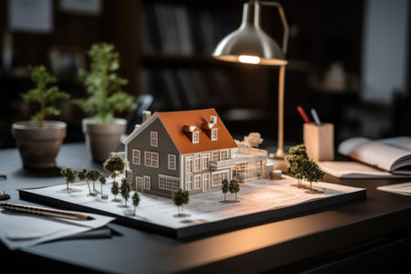 Real estate market. Mortgage and investment. Model of house building standing on architectural plan. Technical project of new house. Created with Generative AIの素材