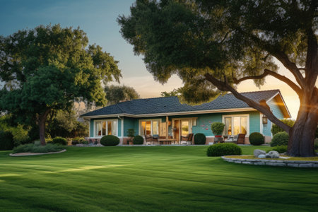 Traditional american house facade in suburb. Facade of old family house with lawn and backyard. Real estate and private property. Created with Generative AIの素材