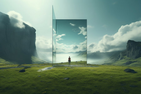 Man silhouette standing in mountain landscape with mirror portal. Travel to fantasy world. Created with Generative AIの素材