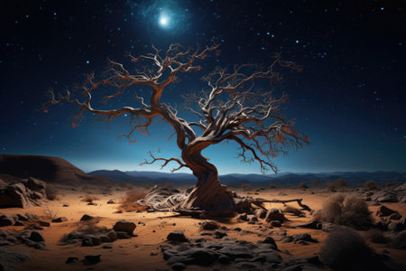 Lonely dried tree in desert landscape at twilight. Dead tree silhouette at night with starry sky. Beautiful landscape. Created with Generative AIの素材