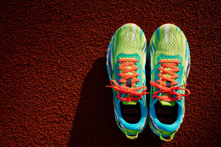 Asics Noosa Tri 13 running shoes on stadium track, Pair of Asics sport sneakers for triathlon training. Katy Wroclawskie, Poland - June 10, 2023のeditorial素材