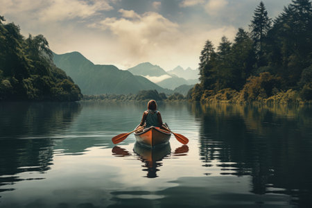 Back view of woman is sailing on boat on lake in beautiful mountain landscape. Outdoor activities. Sporty lifestyle. Created with Generative AIの素材