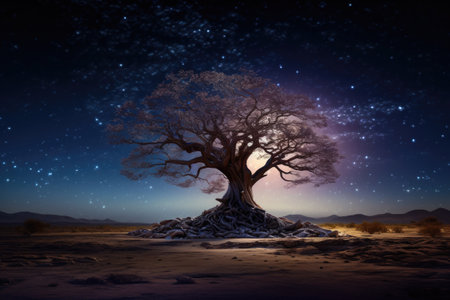 Lonely dried tree in desert landscape at twilight. Dead tree silhouette at night with starry sky. Beautiful landscape. Created with Generative AIの素材