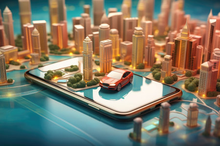 Virtual city in smartphone screen. Augmented reality cityscape. Using technology device in road trip. Created with Generative AIの素材