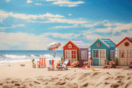 Small colorful beach houses on seashore. Colored huts on sand beach near ocean. Summer holidays concept. Created with Generative AIの素材