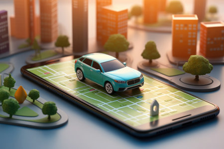 Virtual city and car in it in smartphone screen. Augmented reality cityscape. Using technology device in road trip for navigation. Created with Generative AIの素材