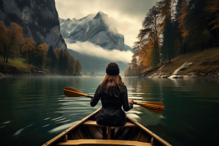 Back view of woman is sailing on boat on lake in beautiful mountain landscape. Outdoor activities. Sporty lifestyle. Created with Generative AIの素材