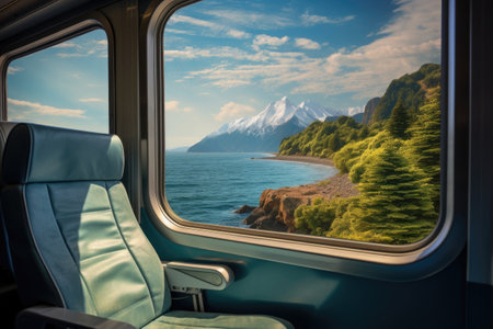 Empty seats on train with landscape of snowy mountains in window. Commuter train. Travel by public transport in Europe. Created with Generative AIの素材