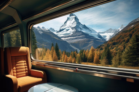 Empty seats on train with landscape of snowy mountains in window. Commuter train. Travel by public transport in Europe. Created with Generative AIの素材