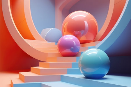 Simple geometric composition with staircase and balls. Abstract design in minimalistic style. Modern architecture. Created with Generative AIの素材