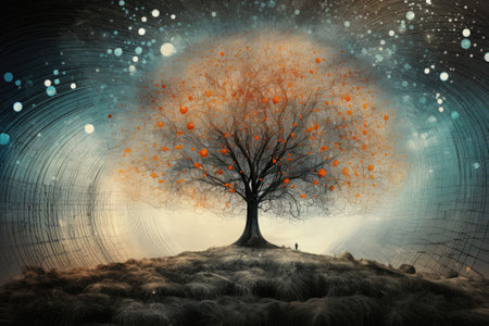 Silhouette of lonely tree. Fantasy landscape with old magic tree . Concept of sadness, depression and mental problemsの素材
