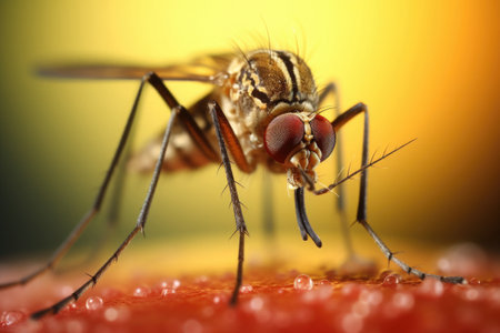 Mosquito on human skin, macro shot. Malarial mosquito that bites person and drinks blood. Spread of malaria and Zika virusの素材