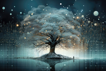 Silhouette of lonely tree. Fantasy landscape with old magic tree . Concept of sadness, depression and mental problemsの素材