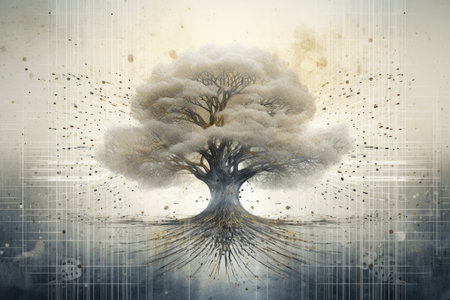 Silhouette of lonely tree. Fantasy landscape with old magic tree . Concept of sadness, depression and mental problemsの素材