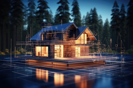 Digital project of residential building. House hologram. Virtual blueprint of smart homeの素材