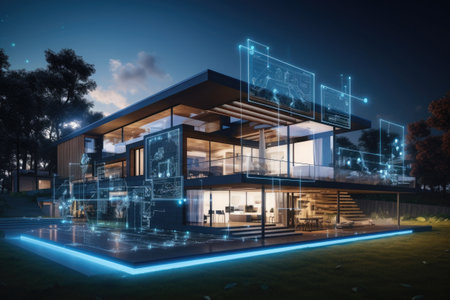 Digital project of residential building. House hologram. Virtual blueprint of smart homeの素材