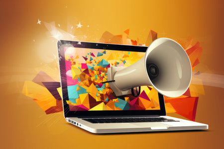 Megaphone on laptop screen on yellow backgrouynd. Concept of attracting attention on Internet. Creative bannerの素材