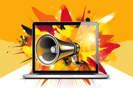 Megaphone on laptop screen on yellow backgrouynd. Concept of attracting attention on Internet. Creative bannerの素材