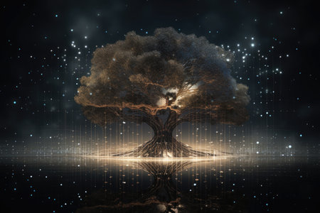 Digital tree with glowing connection lines in branches. Technology environment. Internet communication and information storage conceptの素材