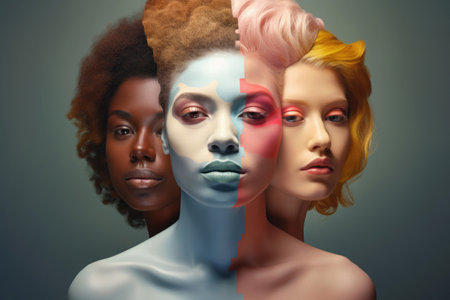 Three women looking at camera. Fashion portrait of female models. Feminism, equality and inclusion concept.の素材