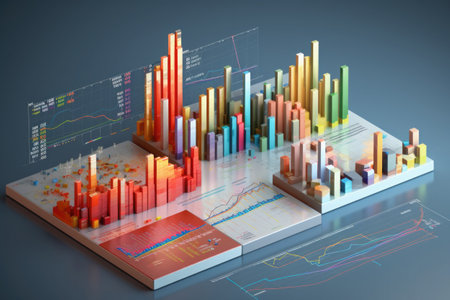 Online statistics in application. Business analytics infographic. Analysis report with diagrams, graphs and charts on dark backgroundの素材