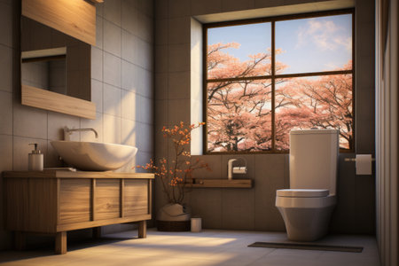 Stylish restroom interior with toilet bowl. Bathroom with morning sunlight in the window.の素材
