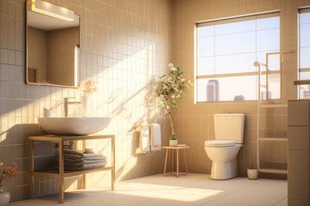Stylish restroom interior with toilet bowl. Bathroom with morning sunlight in window.の素材