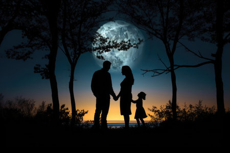Silhouettes of happy family in moonlight. Man, woman and their children are walking through the night landscape. Happy family lifeの素材