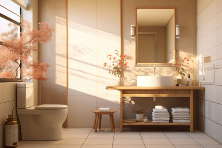 Stylish restroom interior with toilet bowl. Bathroom with morning sunlight in window.の素材