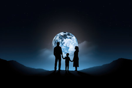 Silhouettes of happy family in moonlight. Man, woman and their children are walking through the night landscape. Happy family lifeの素材