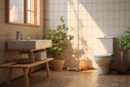 Stylish restroom interior with toilet bowl. Bathroom with morning sunlight in window.の素材