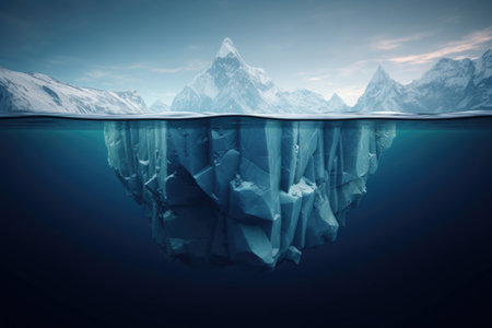 Iceberg with hidden part under water in ocean. Concept of global warming. Hidden threat and dangerの素材