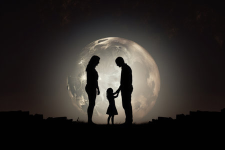 Silhouettes of happy family in moonlight. Man, woman and their children are walking through the night landscape. Happy family lifeの素材
