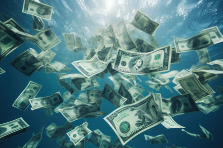 Dollar bills drowning in swimming pool. Banknotes underwater. Financial crisis, bankruptcy and recession conceptの素材