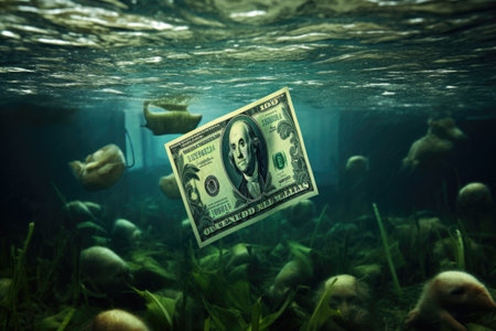Dollar bills drowning in swimming pool. Banknotes underwater. Financial crisis, bankruptcy and recession conceptの素材