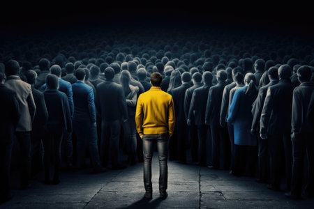 Back view of people and man stand out from crowd. Concept of individuality and uniquenessの素材