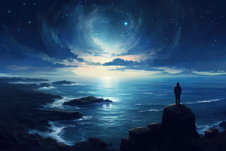 Silhouette of lonely man looking at sky at night. Lonely man standing in fantastic landscape near ocean with shining cloudy sky. Meditation and spiritual lifeの素材