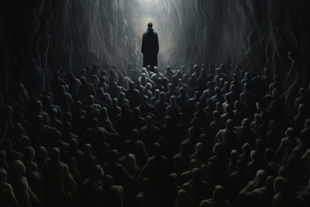 Silhouette standing out from creepy crowd. Suffering of soul in other worldの素材