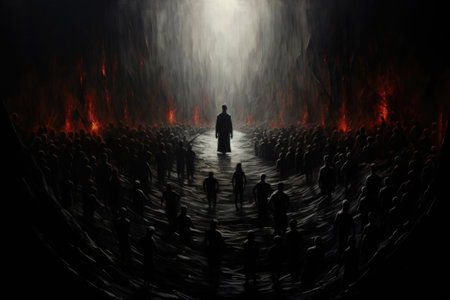 Silhouette standing out from creepy crowd. Suffering of soul in other worldの素材