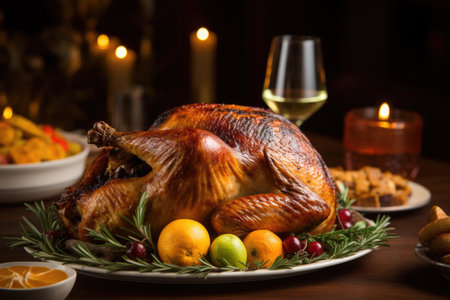 Dinner table with roasted turkey for Thanksgiving celebration. Traditional american meal for holiday, top viewの素材