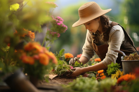 Woman takes care of flowers in garden. Gardener working outdoorsの素材
