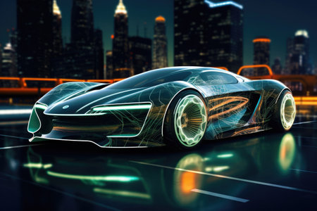 Futuristic sport car on dark background. Electric automotive vehicle with glowing led lights. Digital visualisation of futuristic transportationの素材