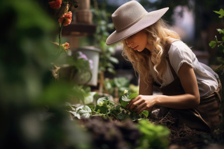 Woman takes care of flowers in garden. Gardener working outdoorsの素材